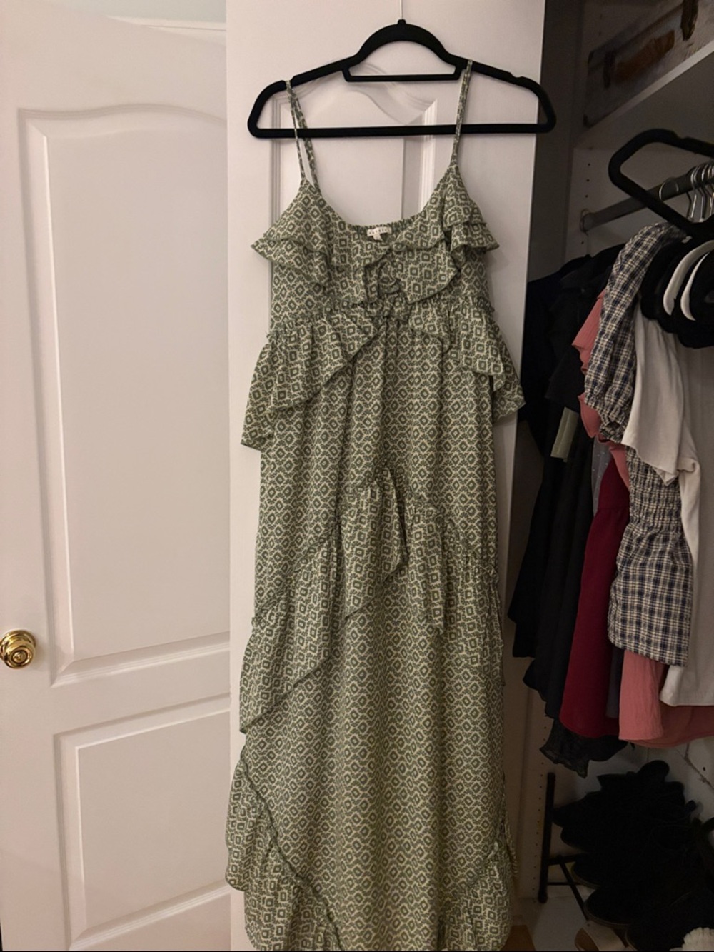 Light Green Patterned Ruffle Maxi Dress - Women